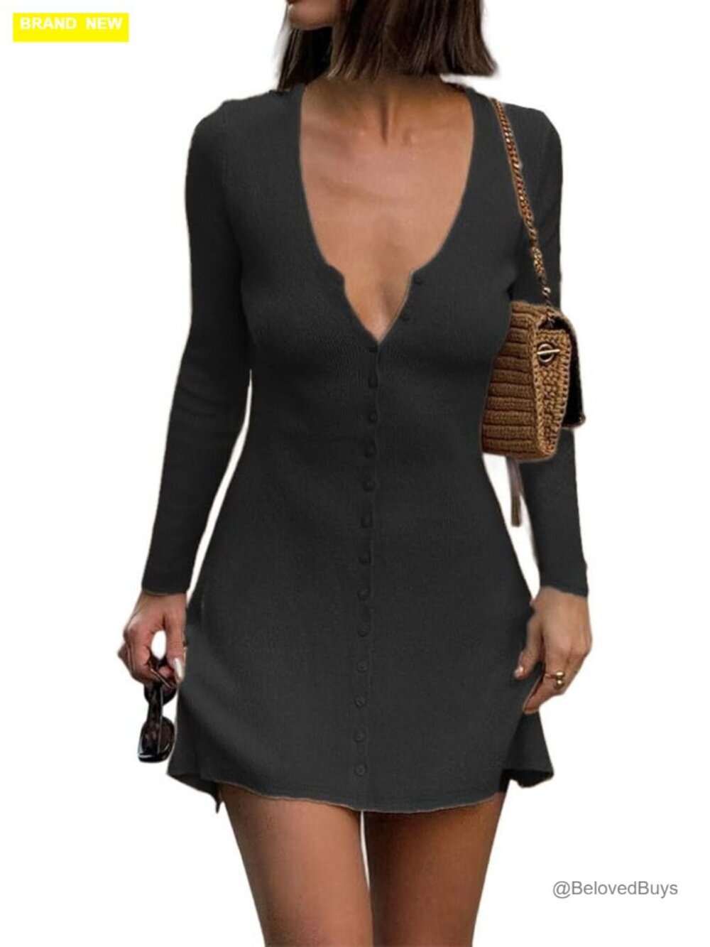 Deep V Neck Button Front Knit Mini Dress Long Sleeve Ribbed A-Line